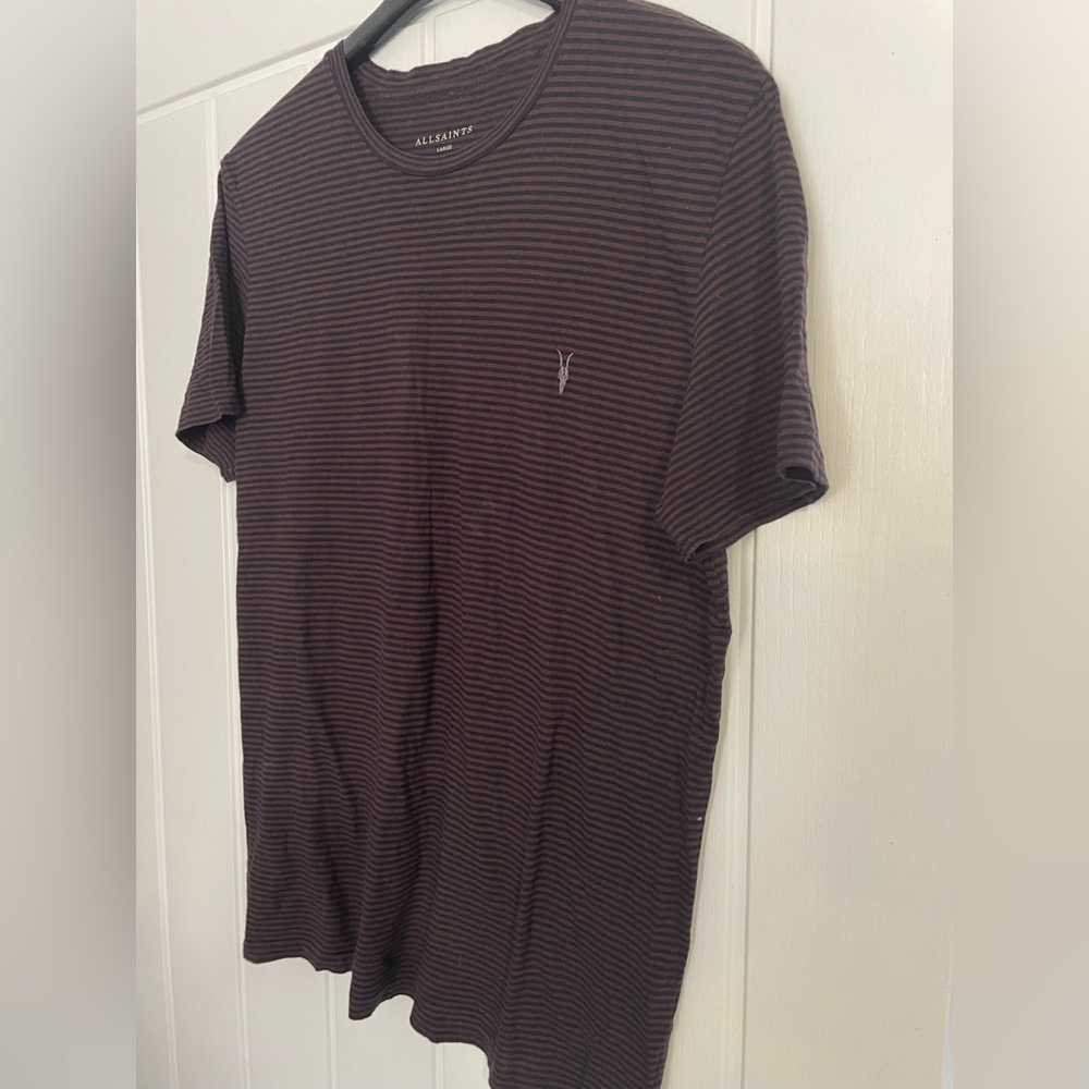 All Saints Striped T Shirt Maroon And Black Size Large - Picture 1 of 5